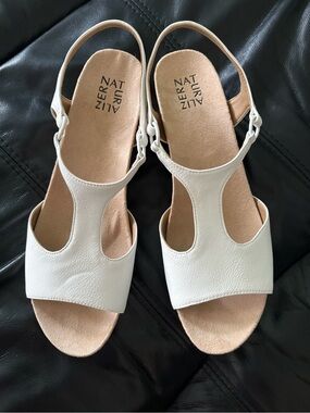 Naturalizer White T-strap Slingback Wedge Sandals